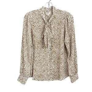 J. Crew White & Brown Leopard Print Bow Tie Neck Long Sleeve Blouse Size XS